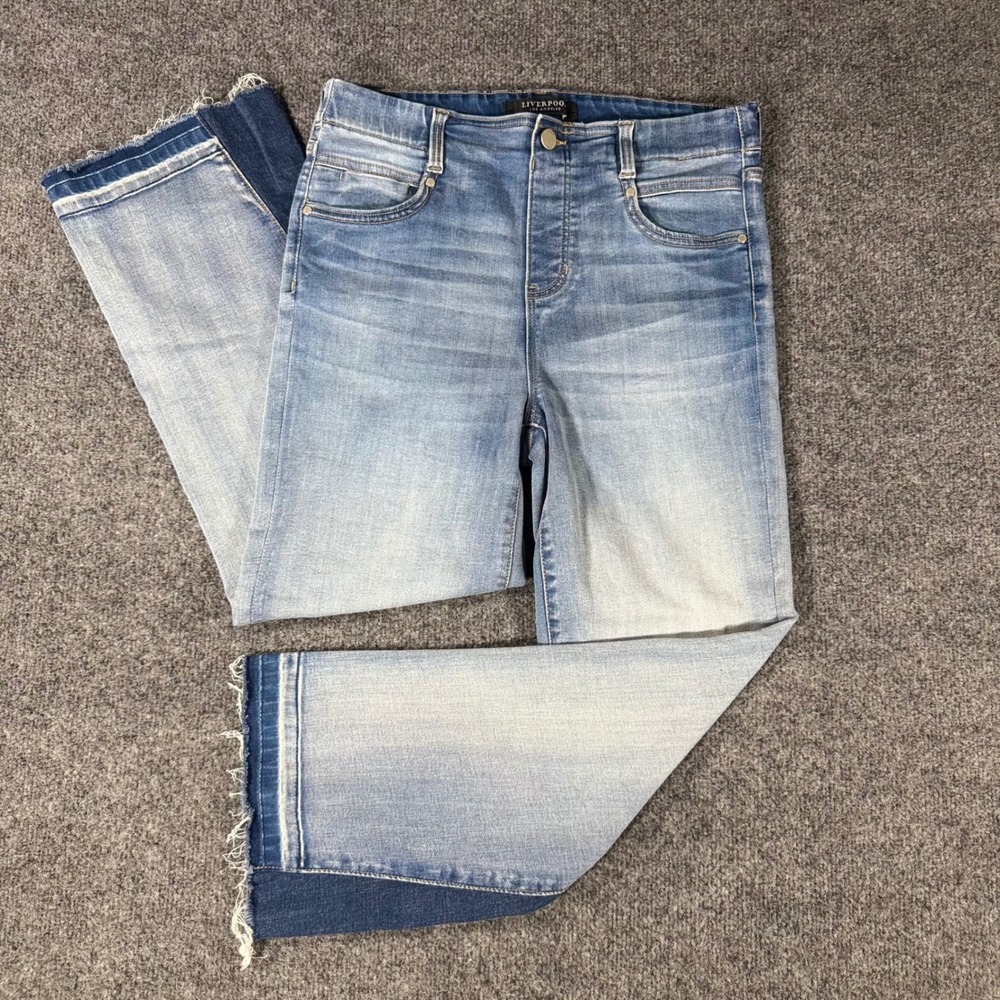 Liverpool Gia Glider Crop Flare Jeans Women 8/29 Pull On Contrast Panel Fray Hem